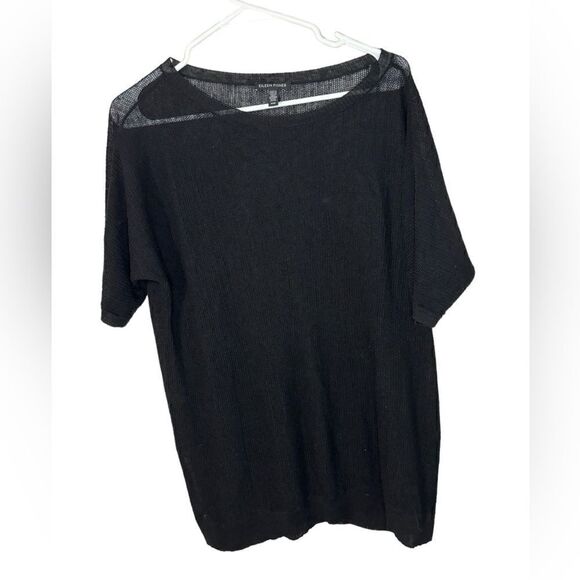 Eileen Fisher Open Knit Mesh Top Black Women Medium Linen - Picture 1 of 5